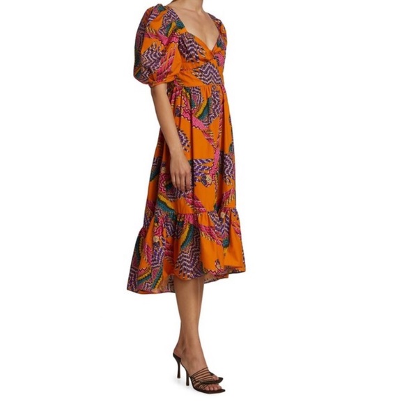 NWT farm rio Macau puff sleeve midi dress in orange - Picture 4 of 11